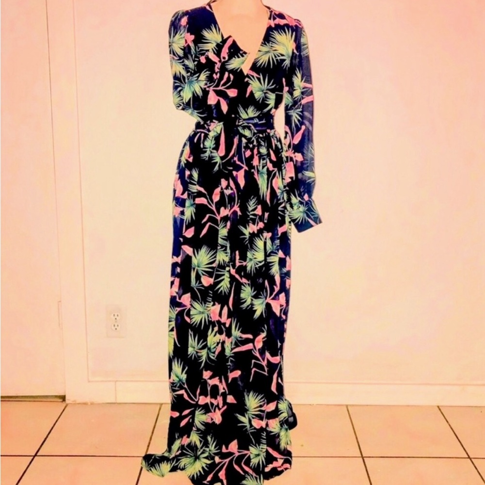 Elegant Navy Blue Floral Long Sleeve, Maxi Dress